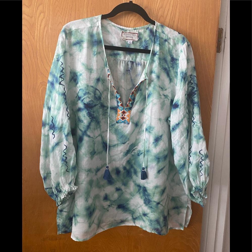 Johnny Was Jade Marble Ramie Linen tie neck top XL